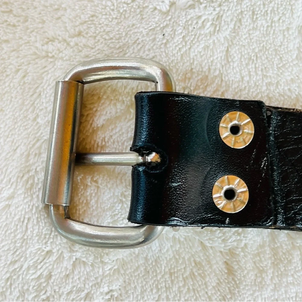 SILVER HEAVY METAL CHAIN AND BLACK LEATHER MOTO BELT SIZE 38 VINTAGE